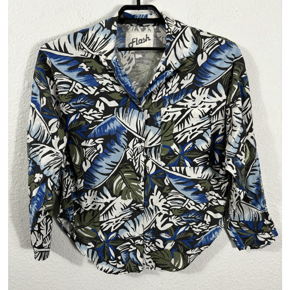 Vintage 80s Flash Top Size XL Floral Multicolor Cotton Button Long Sleeve *Fade